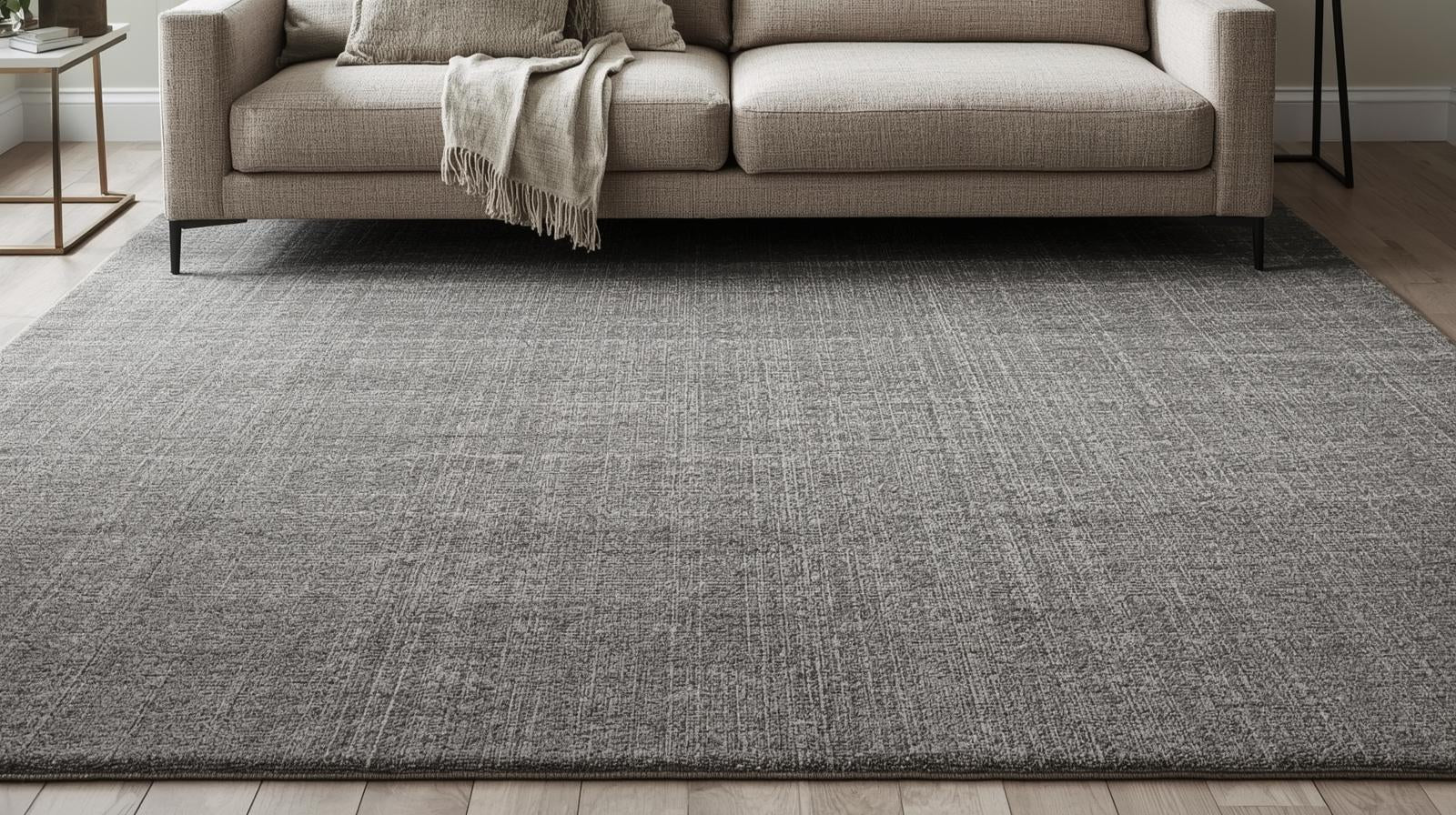 Grand tapis gris sous un canapé beige avec des dimensions correctes dans un salon moderne.