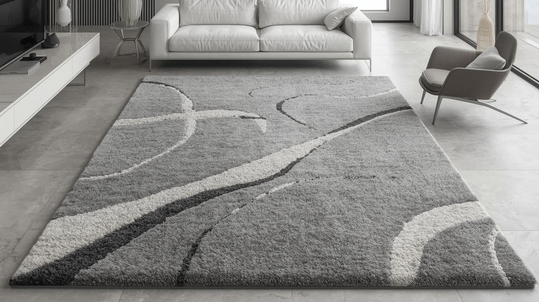Tapis gris à motifs abstraits et organiques dans un salon contemporain