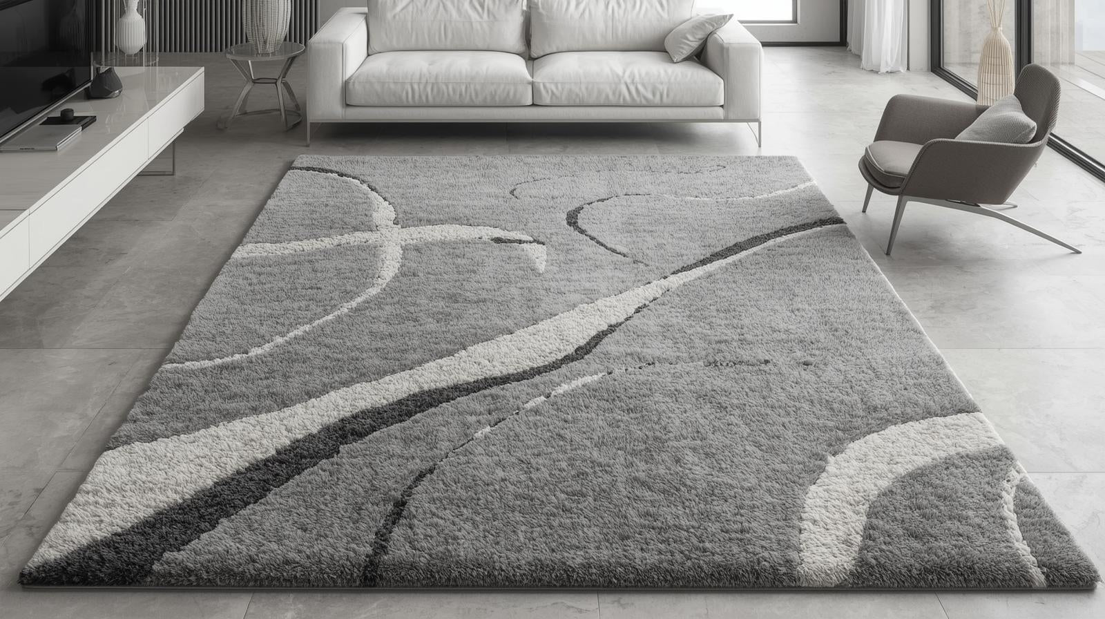 Tapis gris à motifs abstraits et organiques dans un salon contemporain