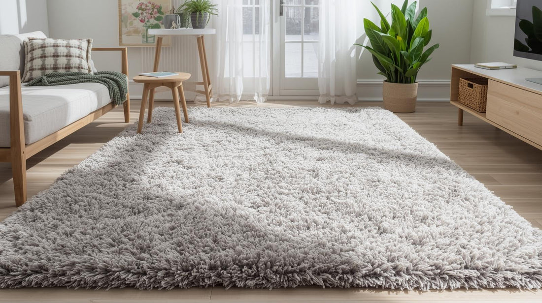Tapis gris clair à poils longs dans salon minimaliste et lumineux