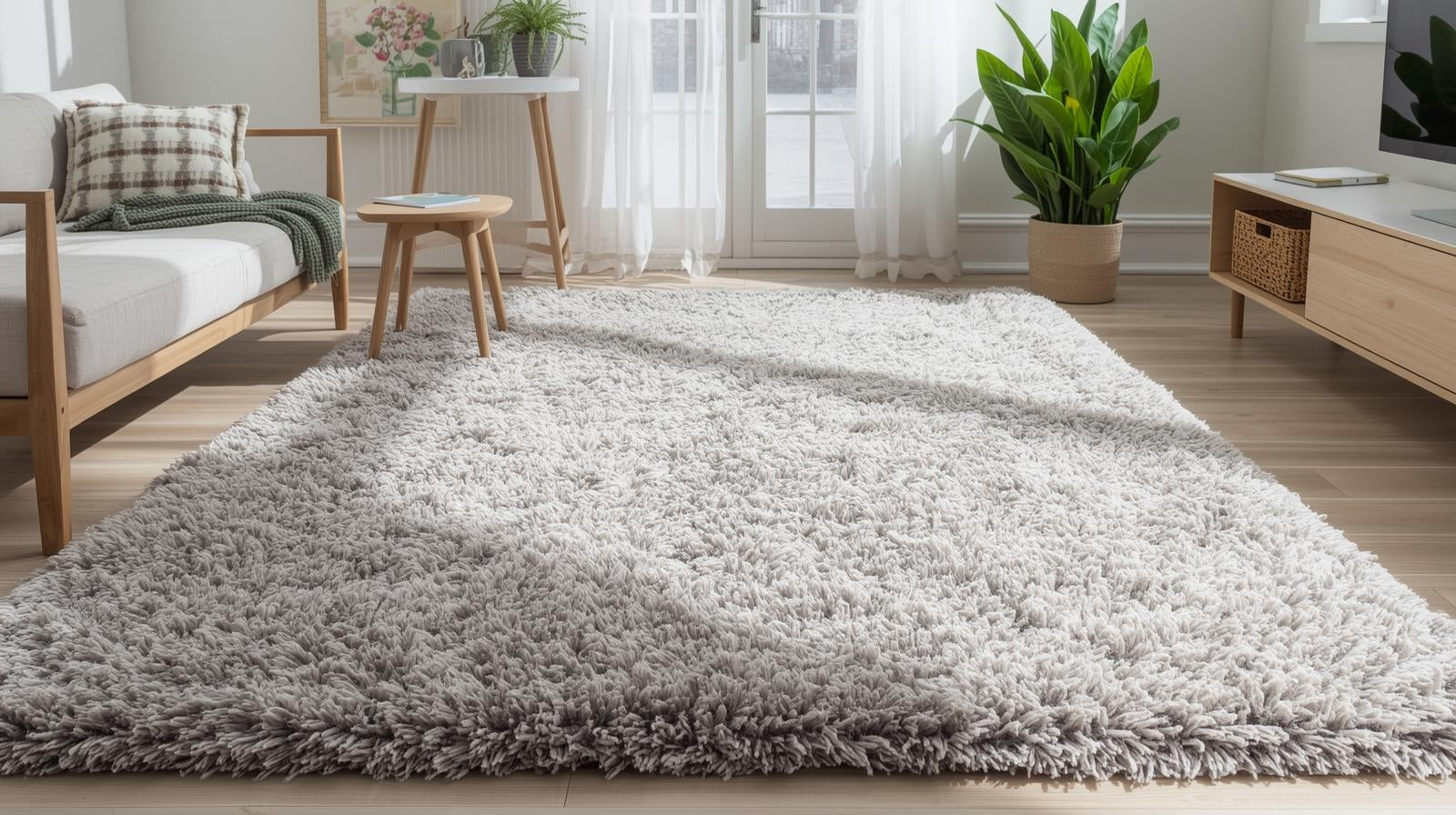 Tapis gris clair à poils longs dans salon minimaliste et lumineux