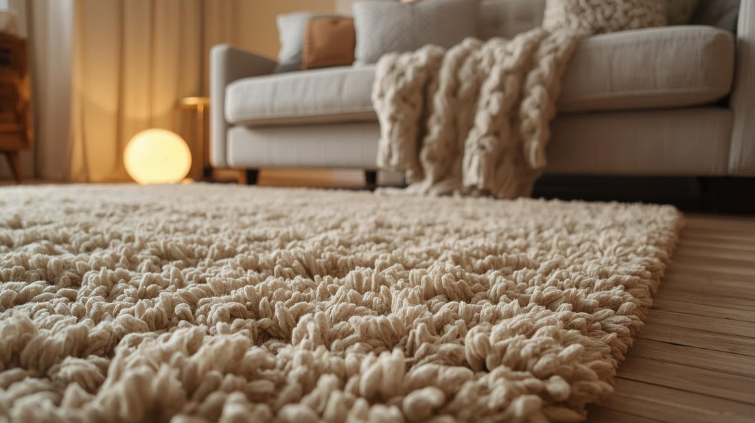 Salon très cosy avec un tapis beige épais et moelleux sous un canapé orné d'un plaid douillet (ambiance cocon).