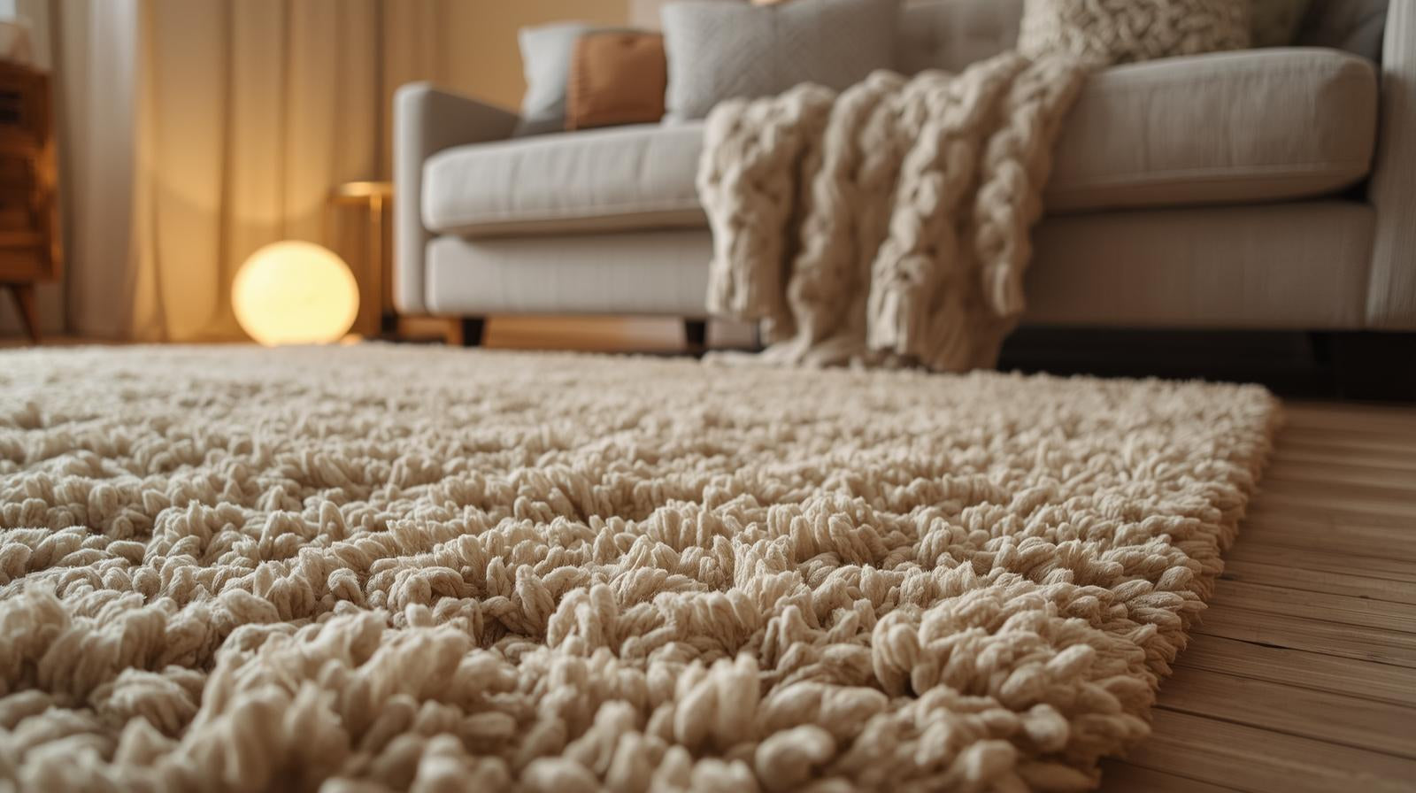 Salon très cosy avec un tapis beige épais et moelleux sous un canapé orné d'un plaid douillet (ambiance cocon).