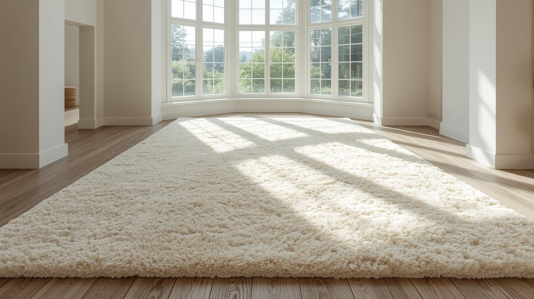 un grand tapis beige très clair ou crème au sol