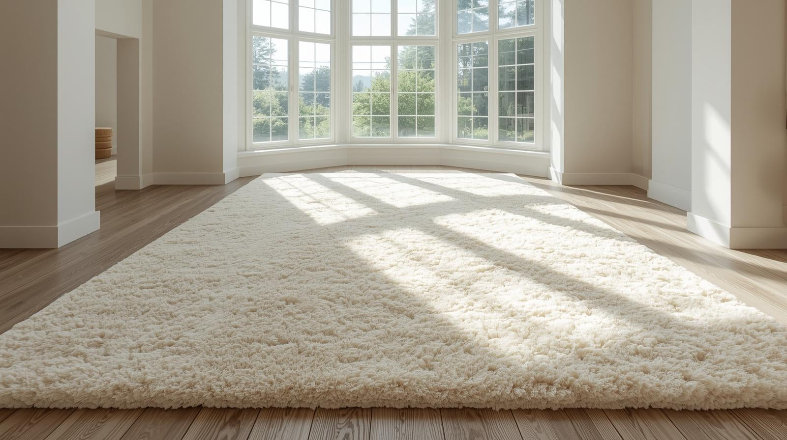 un grand tapis beige très clair ou crème au sol
