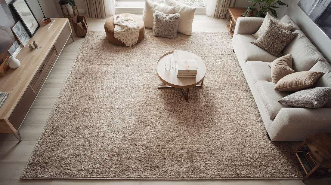 Un grand tapis beige dans un salon