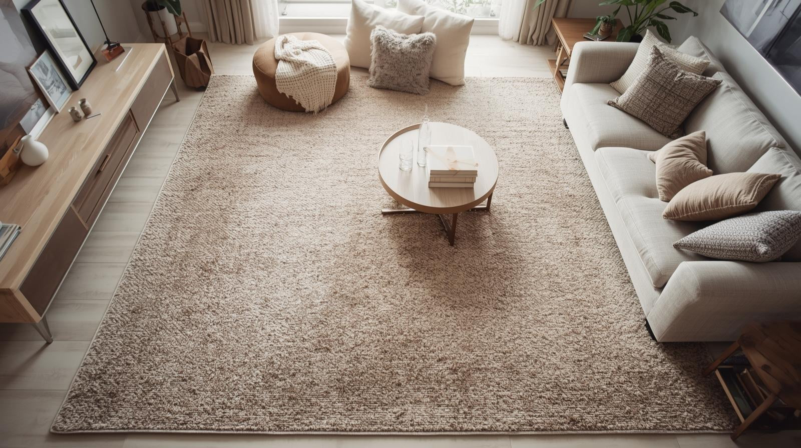 Un grand tapis beige dans un salon