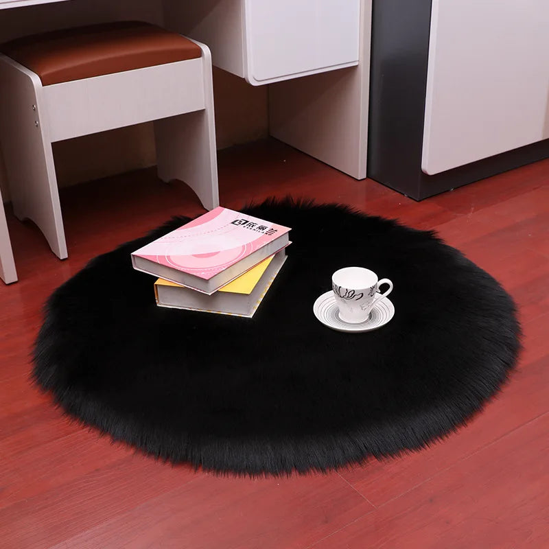 Tapis Rond Poil Long Noir