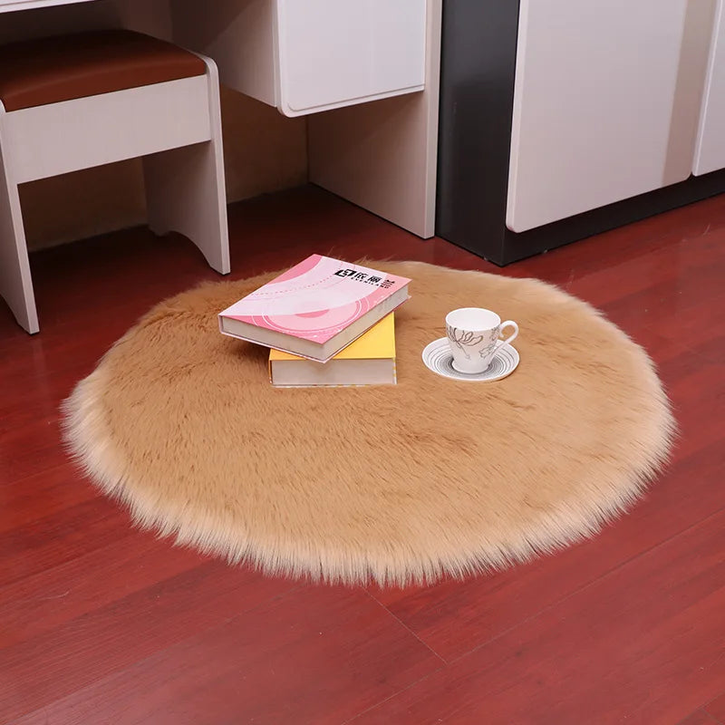 Tapis Rond Poil Long Beige